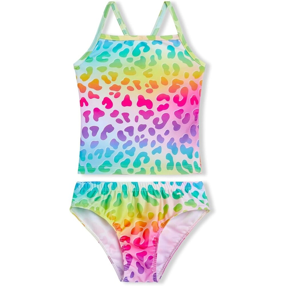 TENVDA Girls Tankinis 2-Pieces Swimsuits Size 7-8 Years Rainbow Leopard Hawaiian